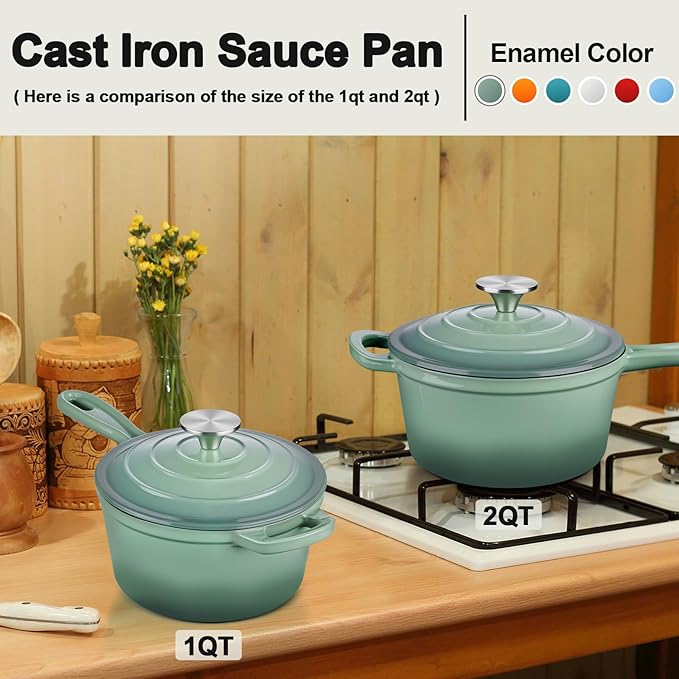 2 Quart Saucepan with Lid, Leonyo Enameled Cast Iron Sauce Pan, Enamel Dutch Oven Kitchen Cookware for All Cooktops Making Pasta Sauce, Oatmeal - Up to 500°F & 6.7Lbs, Pistachio Green