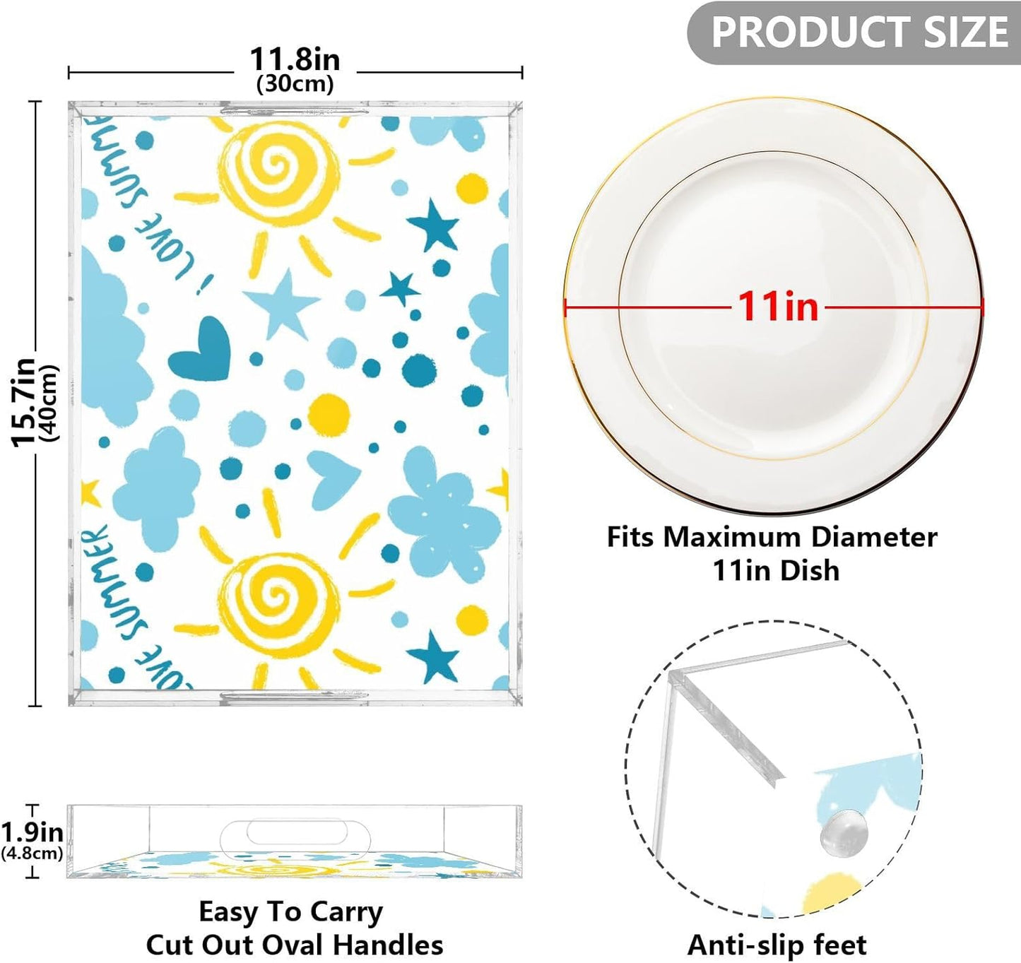 Acrylic Serving Tray with Handles Spill Proof Kitchen Storage Tray Clear Decorative Tray Makeup Drawer Organizer Storage Tray for Bathroom Living Room Ottoman 15.7x11.8Inches