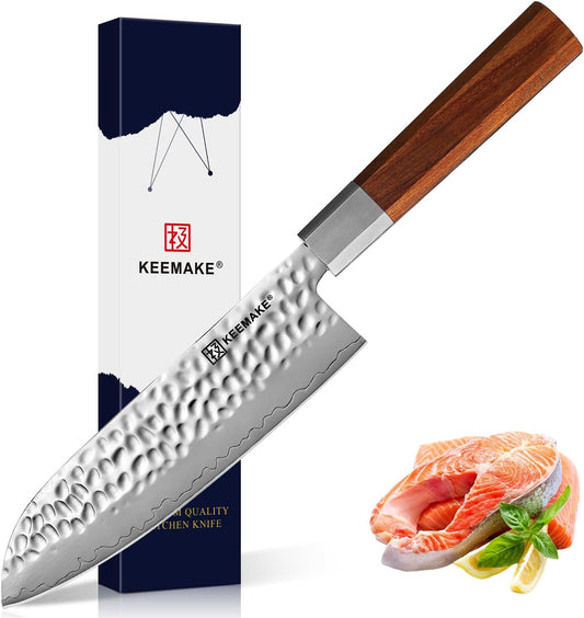 KEEMAKE Santoku Knife 7 inch, Professional Kitchen Knife 3-layer 9Cr18MOV High Carbon Stainless Steel Blade Asian Vegetable Cooking Knife, Sharp Japanese Chef Knife with Octagon Wood Handle