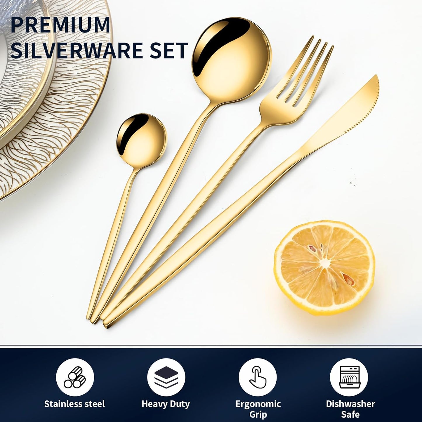 24-Piece Gold Silverware Set for 6, Stainless Steel Flatware Cutlery Set, Eating Utensils Set Tableware Included Steak Knives Spoons and Forks Set For Home,Restaurant,Party