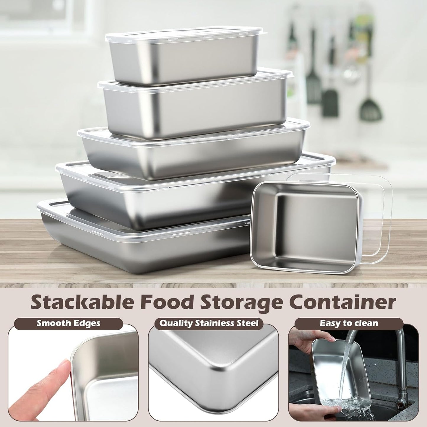 12pcs 6 Sizes Stainless Steel Food Storage Container with Lid Reusable Meal Prep Container Stackable Metal Storage Box Kitchen Tray for Meat Marinating Oven Freezer Leftovers Dishwasher Safe