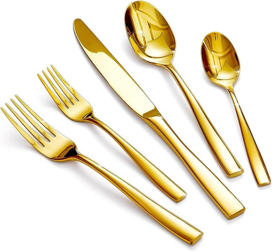 HIKAA Forged Silverware Set Stainless Steel Flatware Set,Service for 4,Matte Satin Polished Cutlery Set,Dishwasher Safe (Gold, 40PCS)