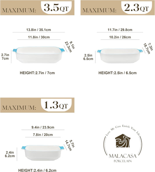 MALACASA Casserole Dishes for Oven, Ceramic Baking Dishes Set of 3, Rectangular Lasagna Pan Deep Baking Pans, Bakeware Sets with Handles Gift Set, White with Blue Trim(13.8''/11.7''/9.4''), Series BAKE