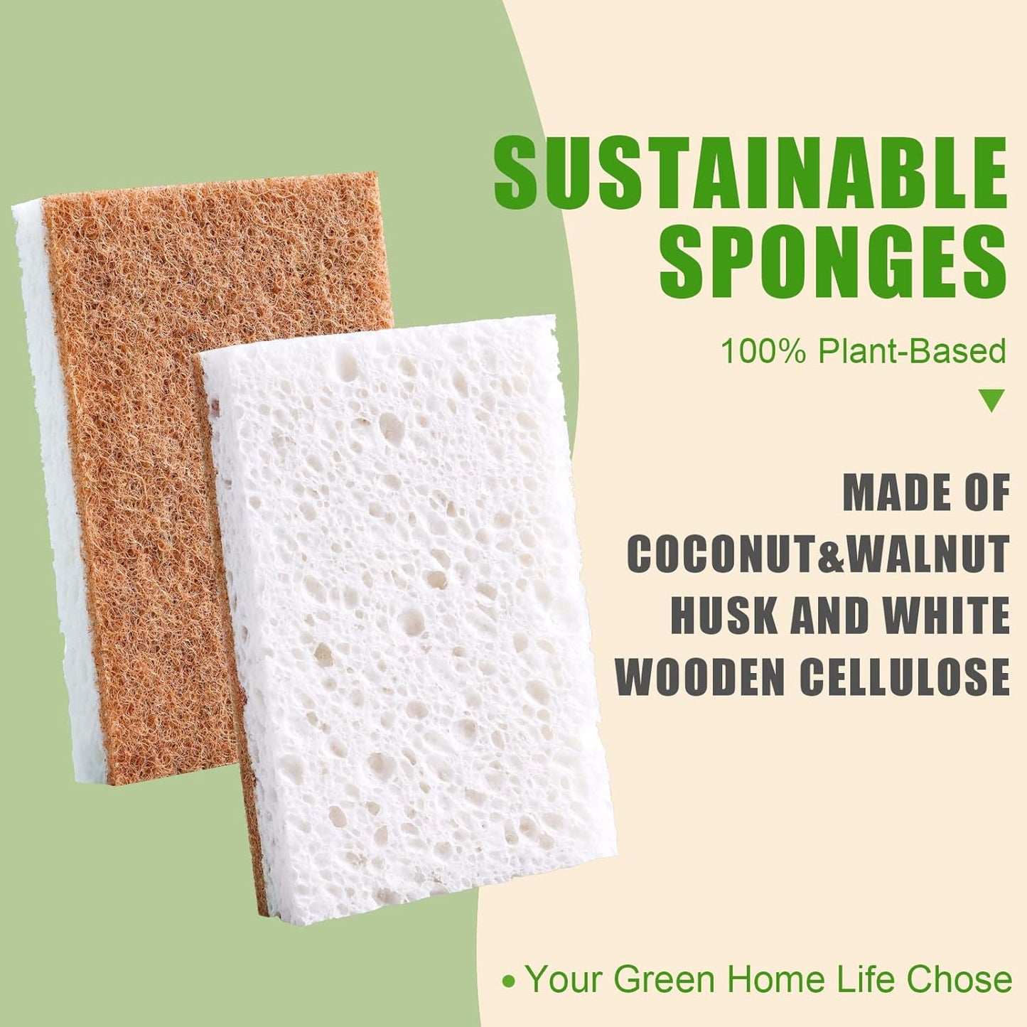 Biodegradable Natural Kitchen Sponge，Eco Friendly Sponges for Dishes,Compostable Cellulose Sponge with Natural Plant Based Coconut Walnut Sustainable Scrubber Pack of 12