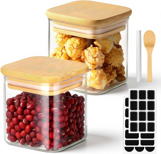 Square Glass Jars with Bamboo Lids Set of 2, 4 Fl.oz Small Glass Spice Jars with Airtight Lid, Stackable Sugar Coffee Containers Clear Food Storage Canister for Loose Tea, Jam, Seasoning