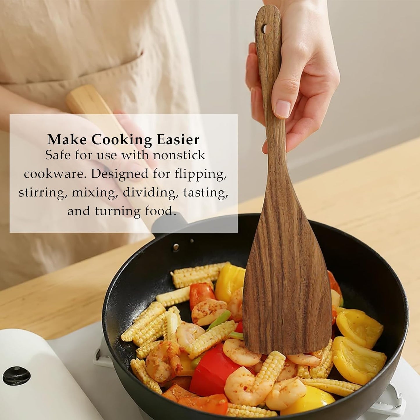 3Pcs Wooden Spatulas, Wooden Spatula for Cooking Long Handle Frying Turner Non-Stick Slotted Spurtle and Wood Scraper for Flipping, Scraping, and Turning, Cooking Utensils Set