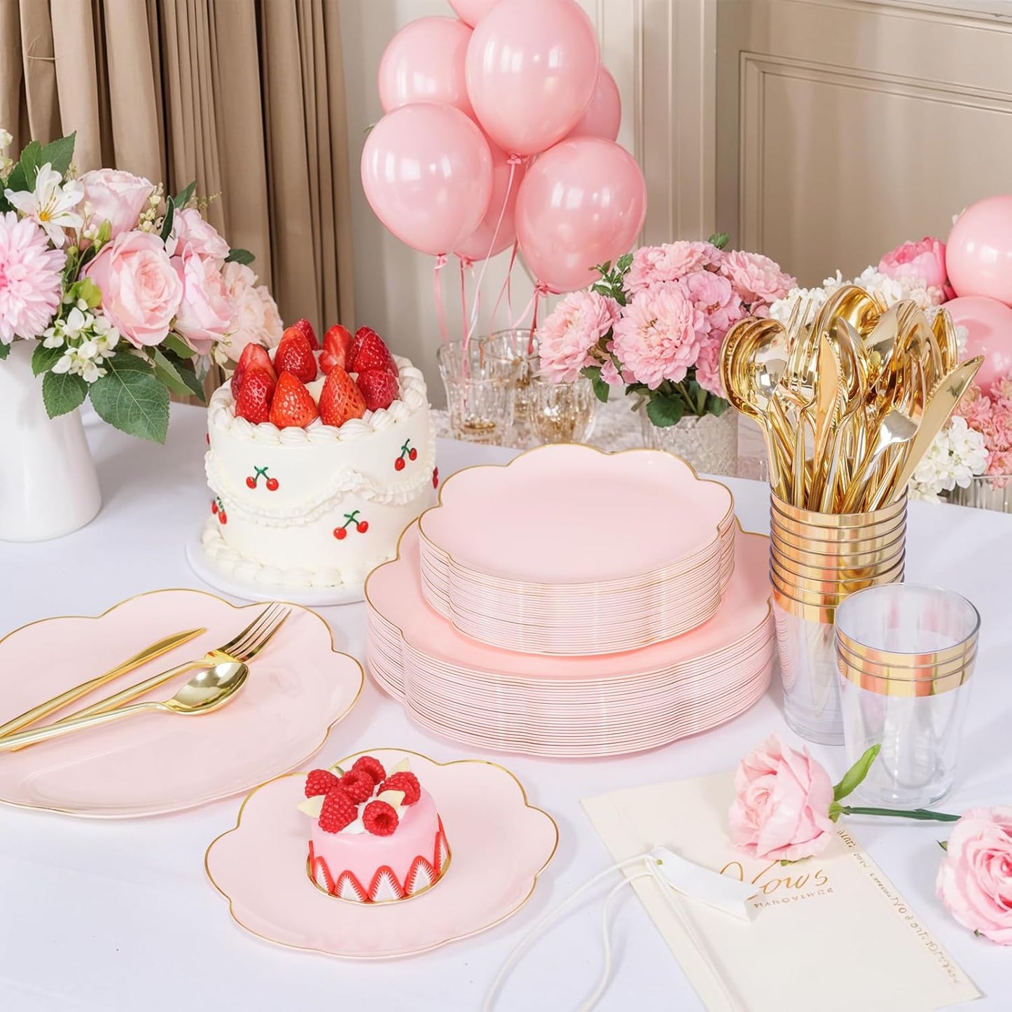 EI 180pcs Pink Plastic Plates with Gold Plastic Silverware,Party Plates Disposable,Pink Dinnerware Set for Afternoon Tea,Wedding,Birthday,Easter