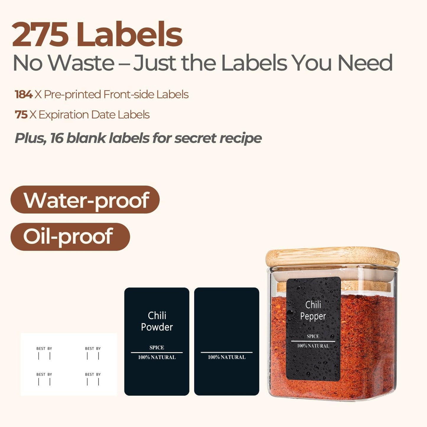 ComSaf 16Pcs Glass Spice Jars with Bamboo Lid, 4oz Airtight Square Spice Containers with 275 Black Lables, Empty Seasoning Jars for Spice Salt Sugar