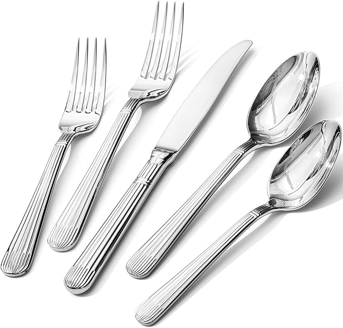 KINGSTONE 40-Piece Silverware Set, 18/10 Stainless Steel Flatware Set - Luxury Elegant Striped Cutlery with Dishwasher Safe, Durable for Family Dining, Catering, Weddings, Anniversaries Gift