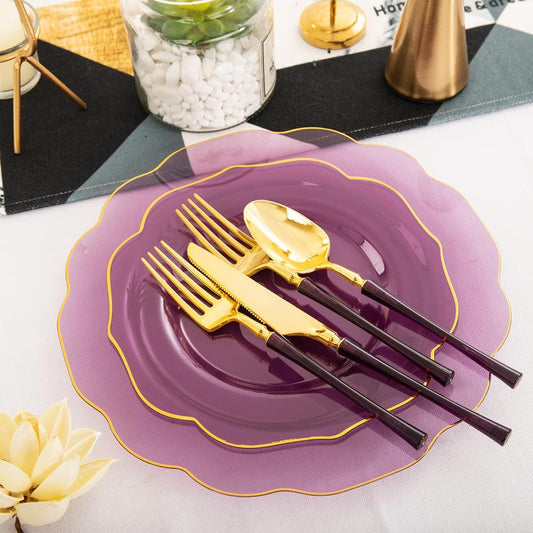 Ciaell 120PCS Clear Purple Plastic Plates - Purple Party Disposable Gold Plastic Plates including 48Plates, 24Forks, 24Spoons, 24Knives for Party & Wedding & Halloween