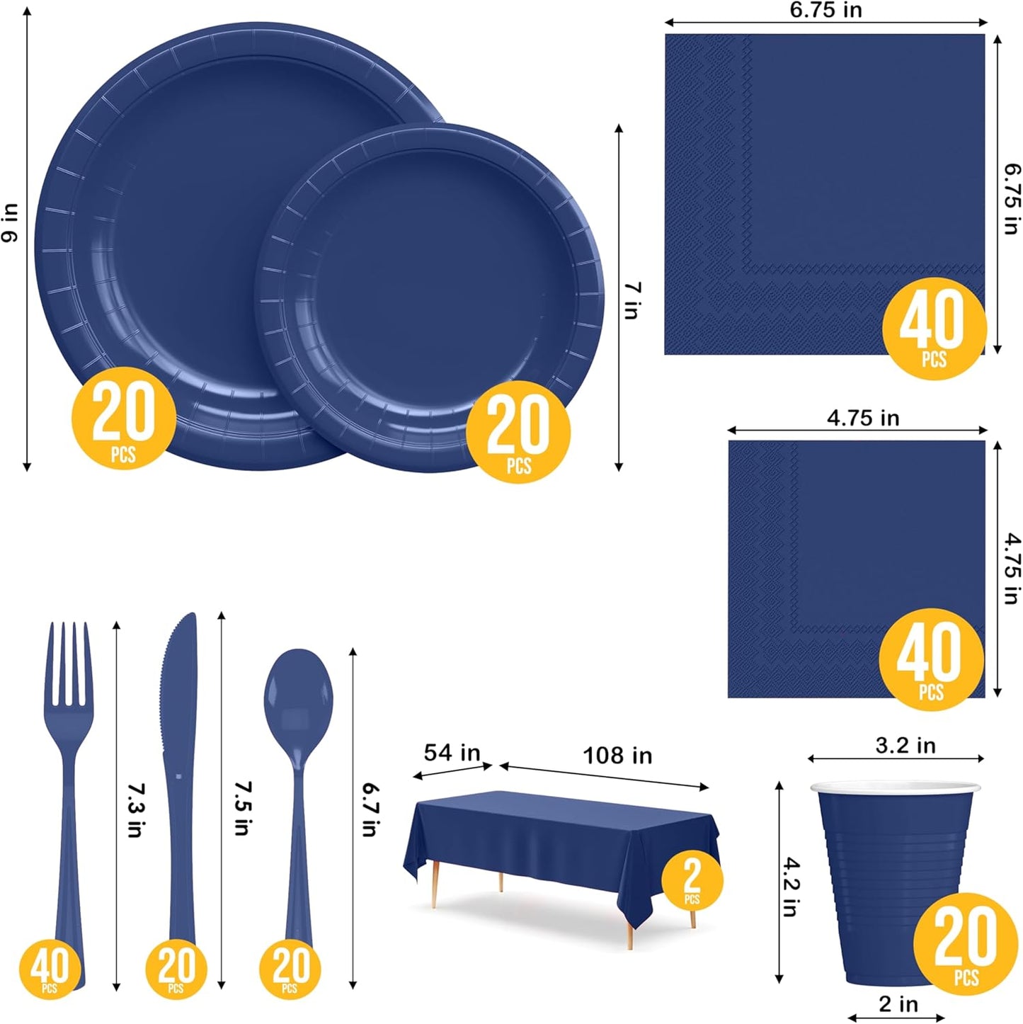 222 Pcs Dark Blue Paper Plates and Napkins Sets, Disposable Plates For Party, Lunch & Cocktail Napkins Paper, 18oz Plastic Cups, Cutlery and Dark Blue Table cloth Plastic Dinnerware Set