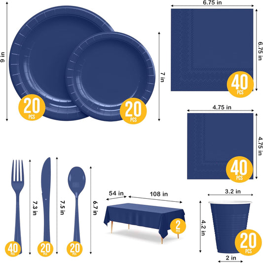 222 Pcs Dark Blue Paper Plates and Napkins Sets, Disposable Plates For Party, Lunch & Cocktail Napkins Paper, 18oz Plastic Cups, Cutlery and Dark Blue Table cloth Plastic Dinnerware Set