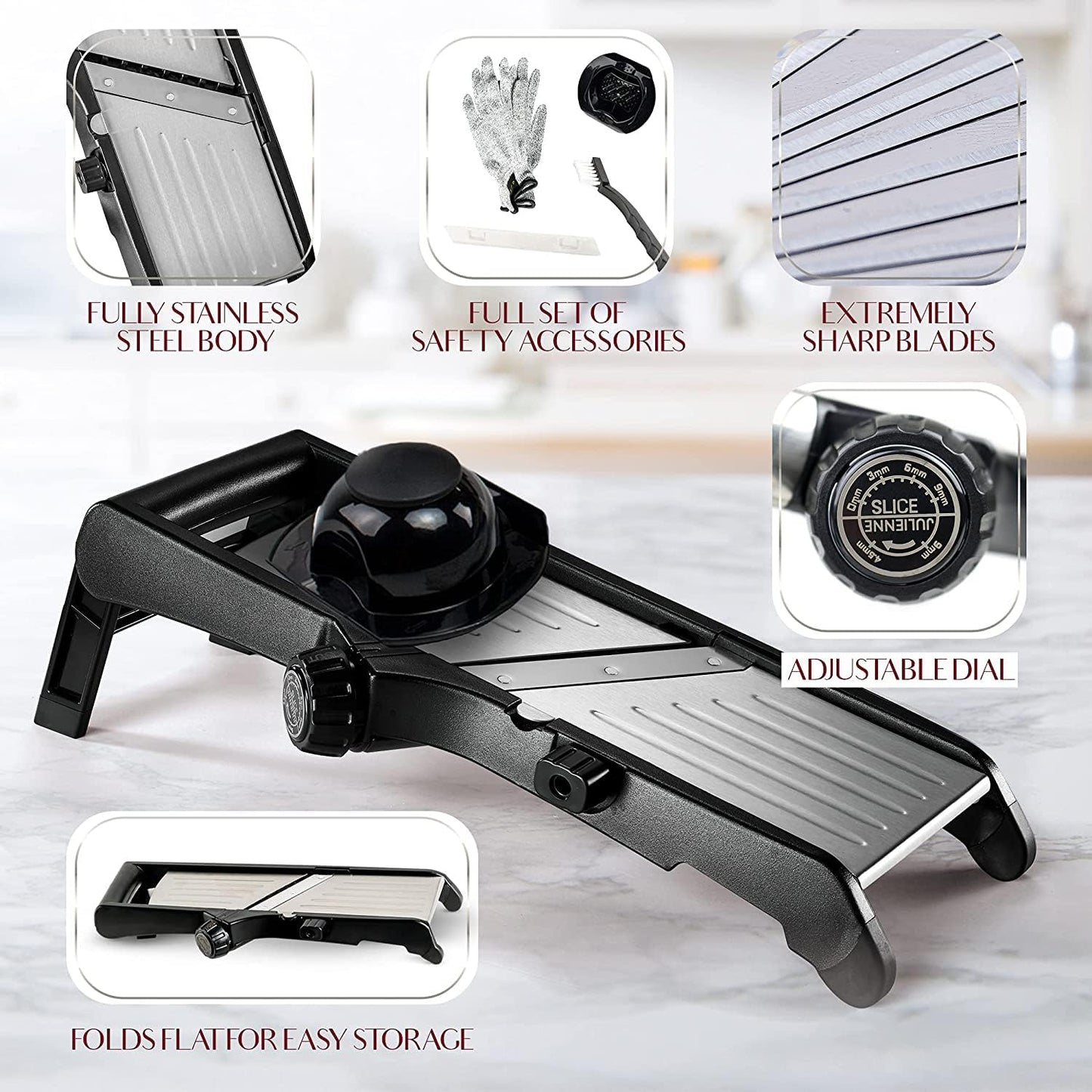 Gramercy Adjustable Mandoline Slicer for Kitchen, Potato Cutter, Vegetable Chopper, Mandolin, Cucumber Slicer- INCLUDING one Pair Cut-Resistant Gloves and Waffle Fry Cutter