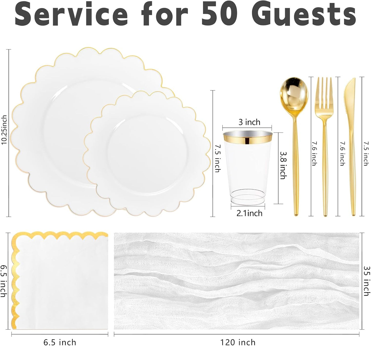 WONDERFUL 351pcs Upgrade White Plastic Plates - Plastic Dinnerware set with Fancy Gold Edges Includes 1 Table Runner 100 Disposable Plates 150 Silverware 50 Cups 50 Napkins for Wedding High End Party