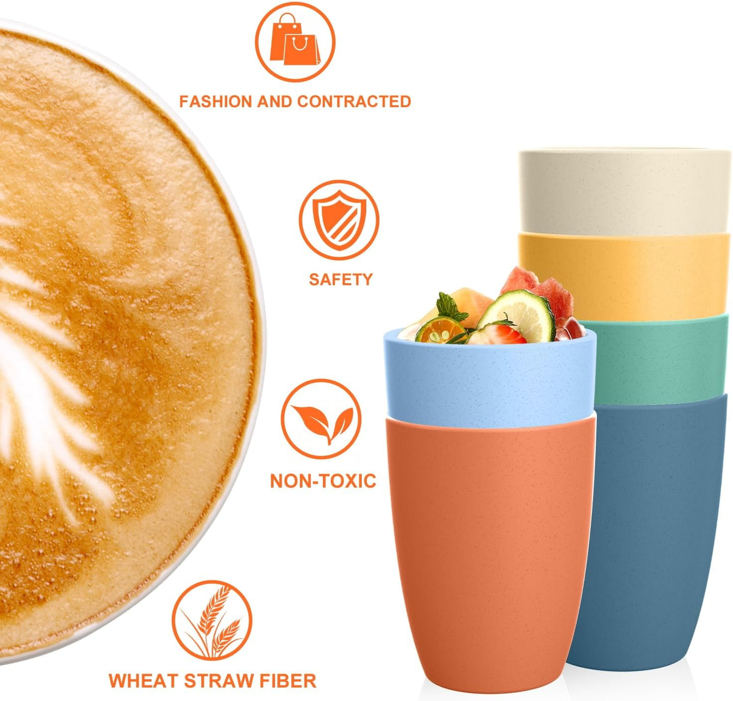 Homienly Wheat Straw Cups, Alternatives to Plastic Cups Reusable Set of 6, Unbreakable Drinking Cup Water Tumblers for Kitchen,Camping, Party, Dishwasher Safe Drinking Glasses Set(12 OZ, Colorful)