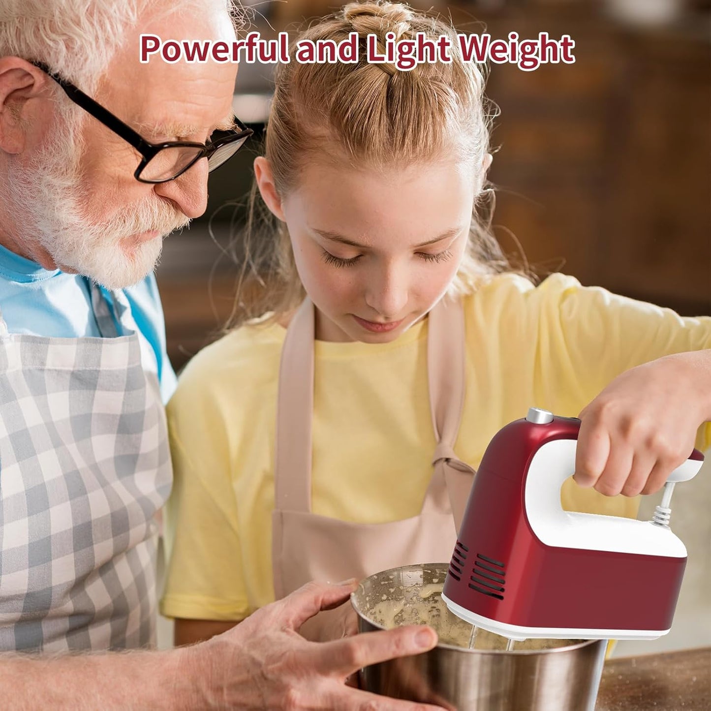 9-Speed Digital Hand Mixer Electric, 400W Powerful DC Motor, Baking Mixer Handheld with Snap-On Storage Case, 5 Stainless Steel Accessories, Flat Beaters, Dough Hooks, Whisk (Red&White)