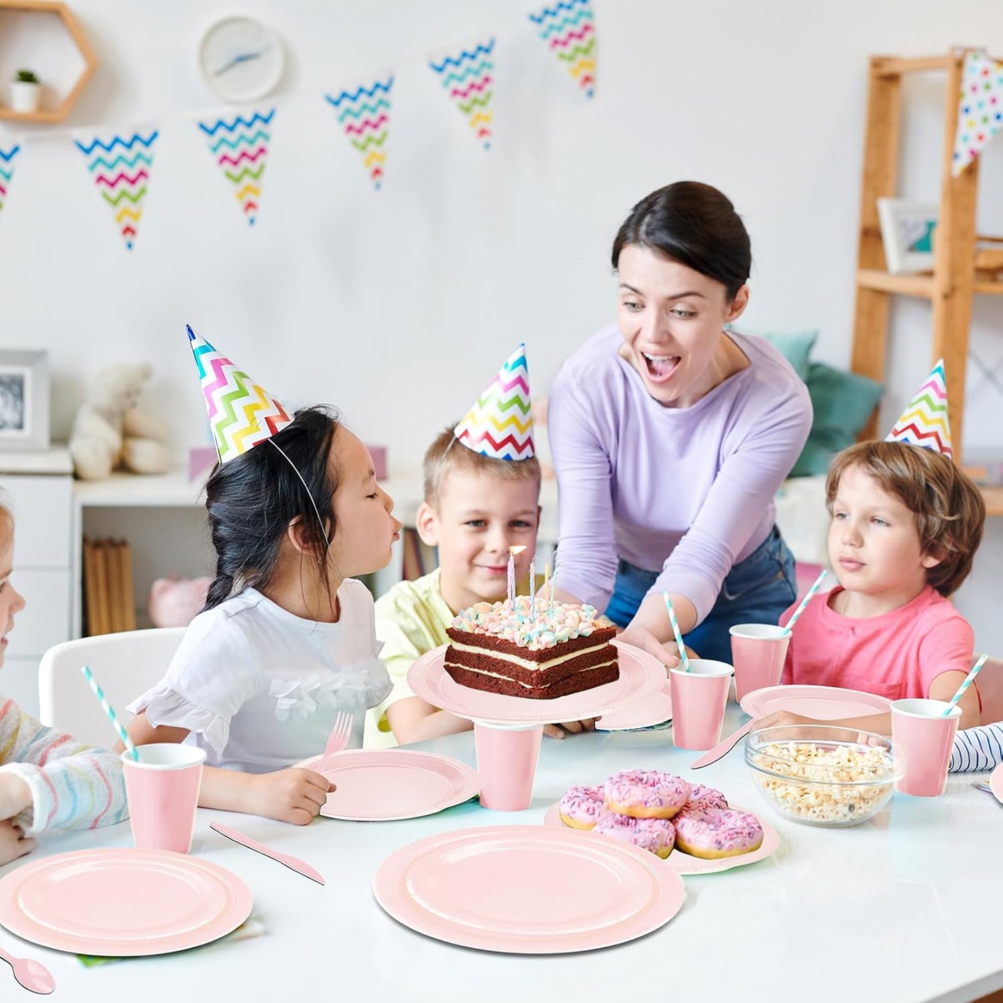 TWOWYHI 228PCS Pink Party Supplies Set Include Paper Plates Cups Pink Napkins Plastic Spoons Forks Knives for 30 Guests Disposable Party Dinnerware For Birthday Wedding Family Picnic