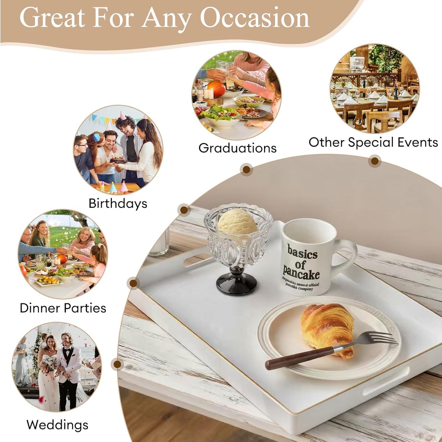 Zosenley Decorative Tray, Rectangular Plastic Tray with Handles, Modern Vanity Tray and Serving Tray for Bathroom, Kitchen, Ottoman and Coffee Table, 15.6” x 10.2” (White)