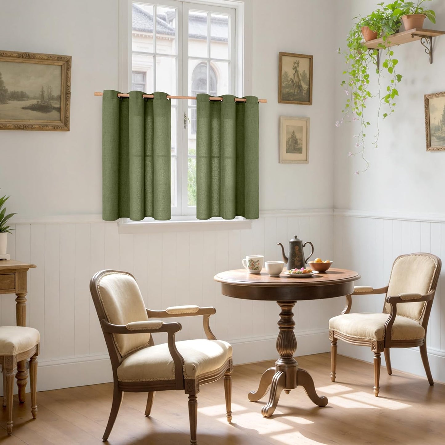 YoungsTex Olive Linen Curtains 40 Inches Length for Kitchen Window, Dark Green Textured Light Filtering Drapes Semi Sheer with Bronze Grommet for Bathroom Bedroom, 2 Panels, 42 X 40 Inch