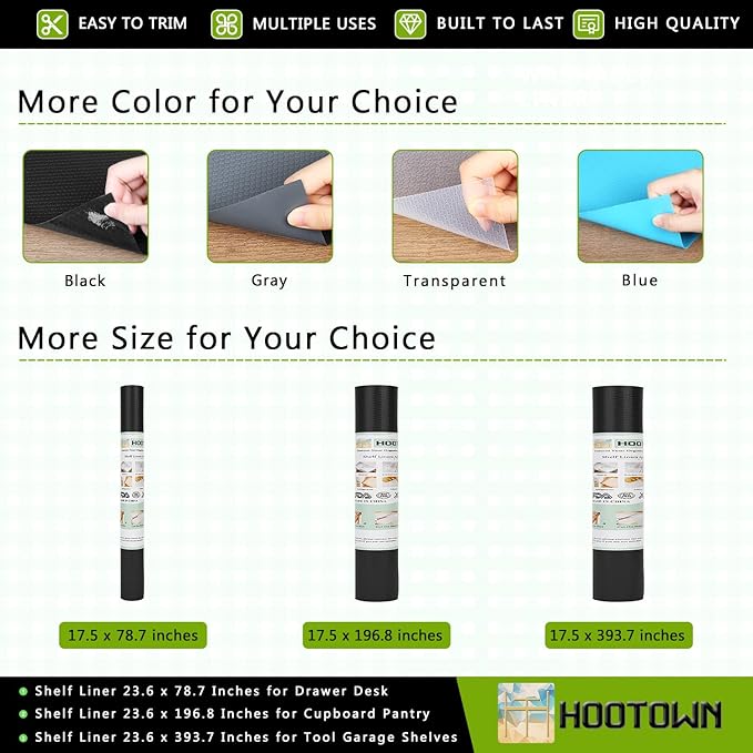 HooTown Shelf Liner Kitchen Cabinet Drawer Mats 17.5 Inch Wide x 32.8 Feet Long, Non Skid EVA Plastic Washable Oil Proof Pad for RV Drawer, Dish Plate Slippery Protection, Black