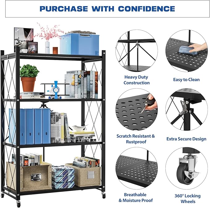 Lifetime Home 4-Tier Foldable Storage Shelf with Wheels - Metal Rack Collapsible Shelving Unit Display, Rolling Cart for Books Kitchen Storage Shelves, Pantry & Closet Organizer, Office Room Decor