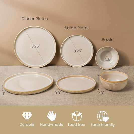 Earthsong Dinnerware Sets for 8, 24-Piece Ceramic Plates and Bowls Set, Dishwasher and Microwave Safe Stoneware Dishes Set, Ribbed, Sculpted Dune