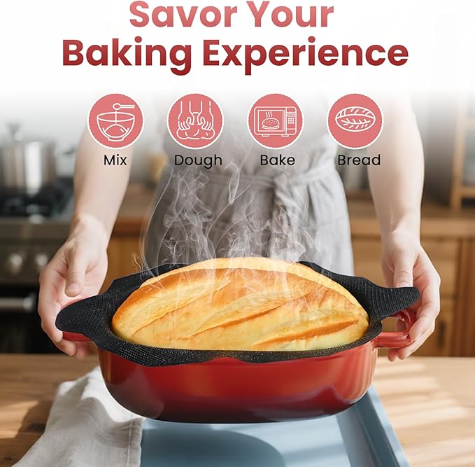 Cast Iron Dutch Bread Oven - 2.5QT Dutch Oven for Sourdough Bread Baking, Cast Iron Bread Loaf Pan with Perforated Non-Stick Silicone Liner, Blue Oval Bread Baking Pan, Gift for Family & Baker,Red