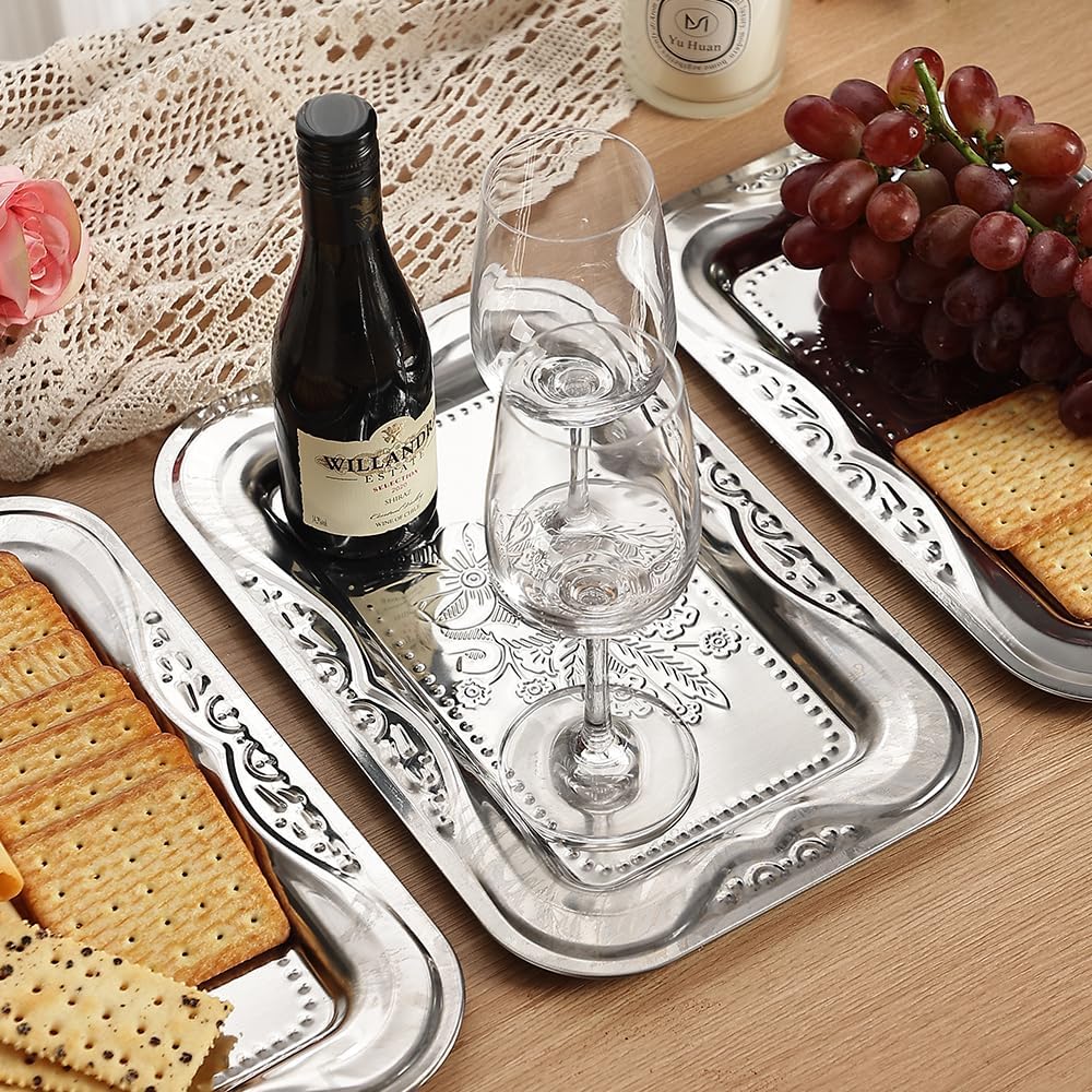 4-Pack Small Silver Serving Trays Set - ZENOVLUX Bow Floral Engraved Mirror Decorative Tray, 11.4" x 7" Party Platters for Whiskey, Cookies, Charcuterie, Snacks, Desserts, Fruit, Party Food Display