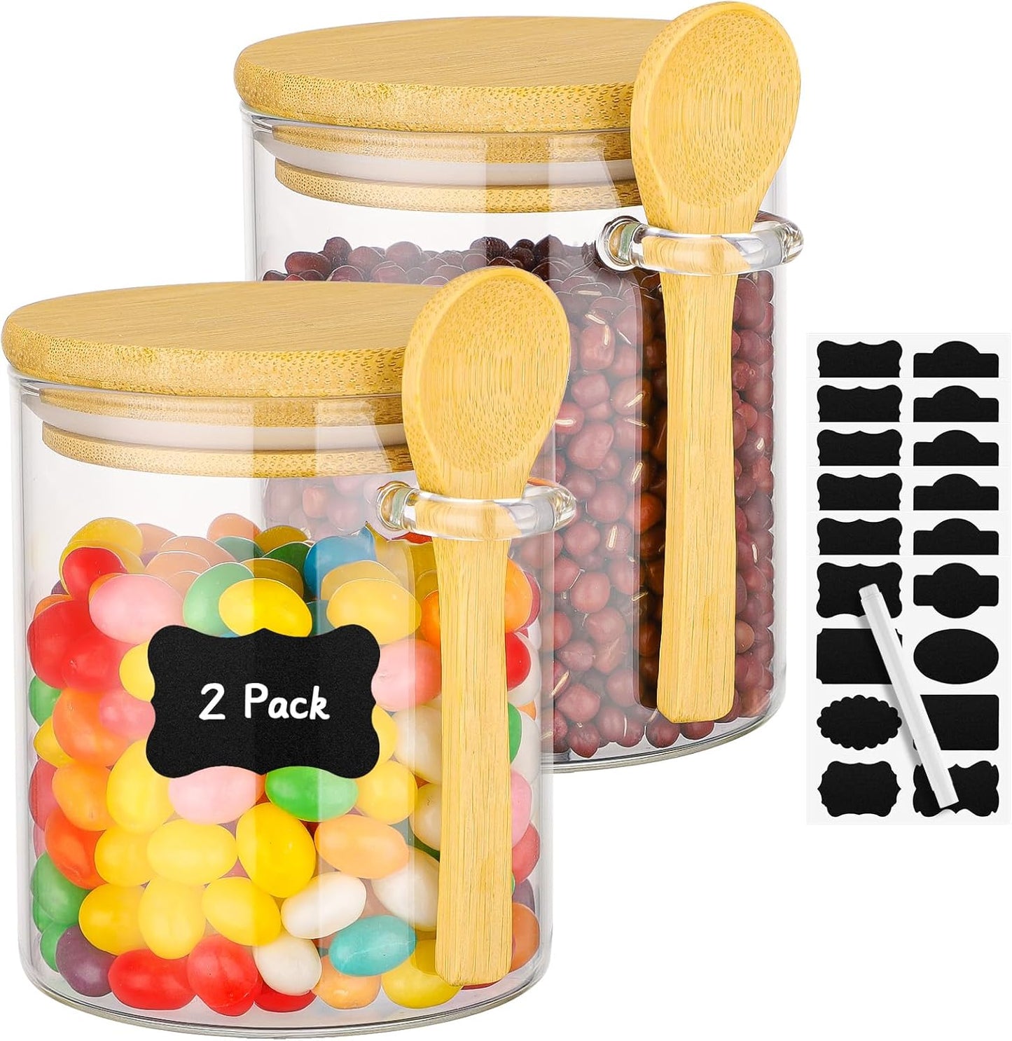 Glass Jars with Bamboo Lids and Spoon - 2 Pack 15 Fl.oz Round Glass Storage Jars with Airtight Lid, Clear Stackable Sugar and Coffee Container Set for Overnight Oats, Spice, Loose Tea,Candy