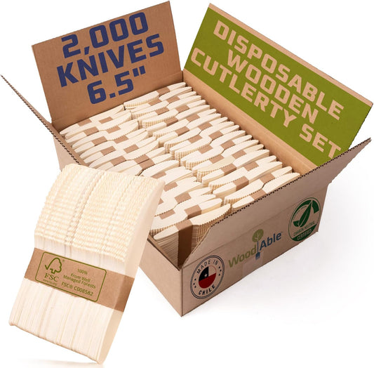 Disposable Wooden Cutlery Set - 100% Home Compostable - 2000 Knives, 6.5" Wooden Knives, Eco-Friendly, Organic, Sustainable and Carbon Neutral Certified
