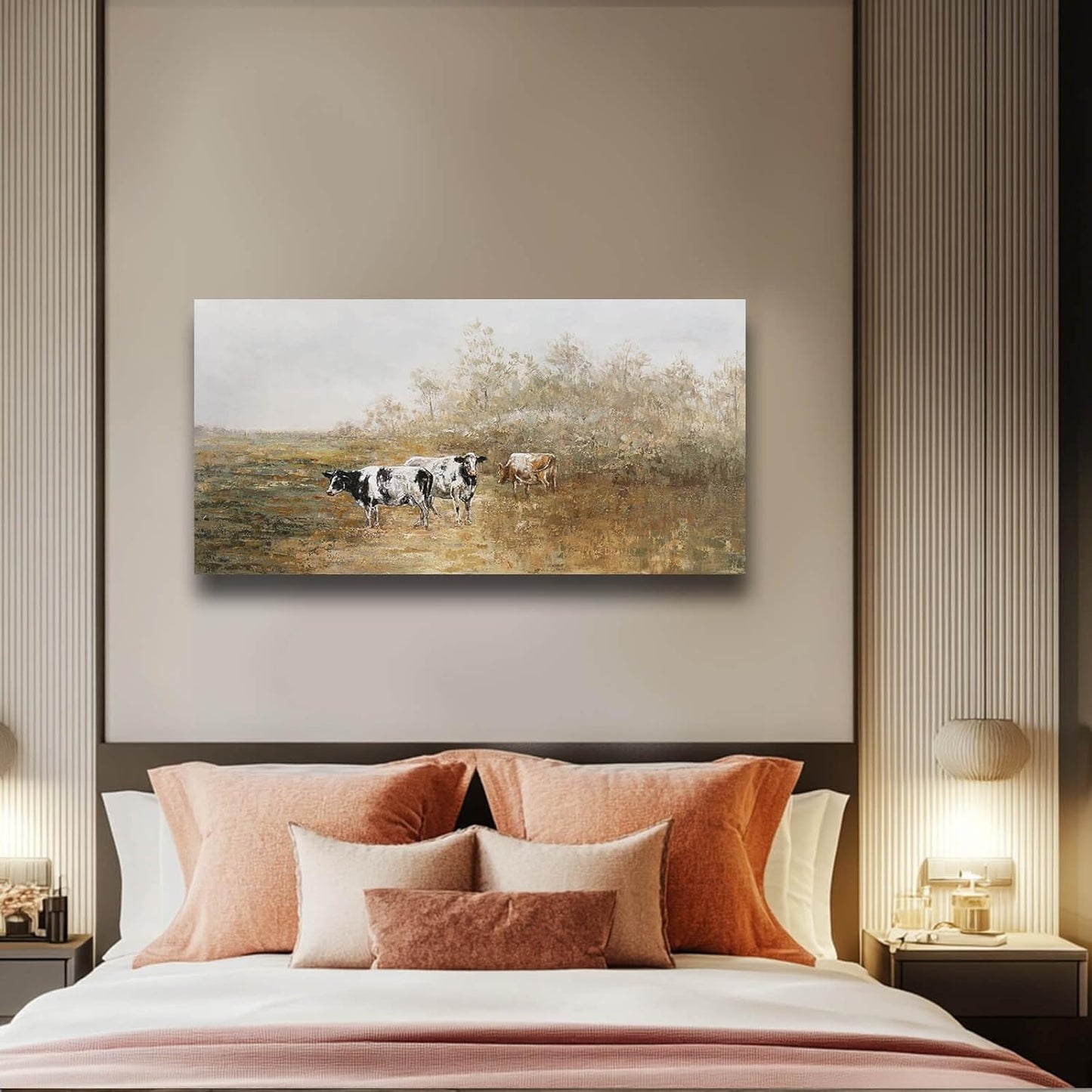 Farmhouse Cute Cattle Wall Art Framed Wall Decor Animal Theme Artwork Cow Picture for Home Office Bedroom Living Room Decoration 24x48 Inch