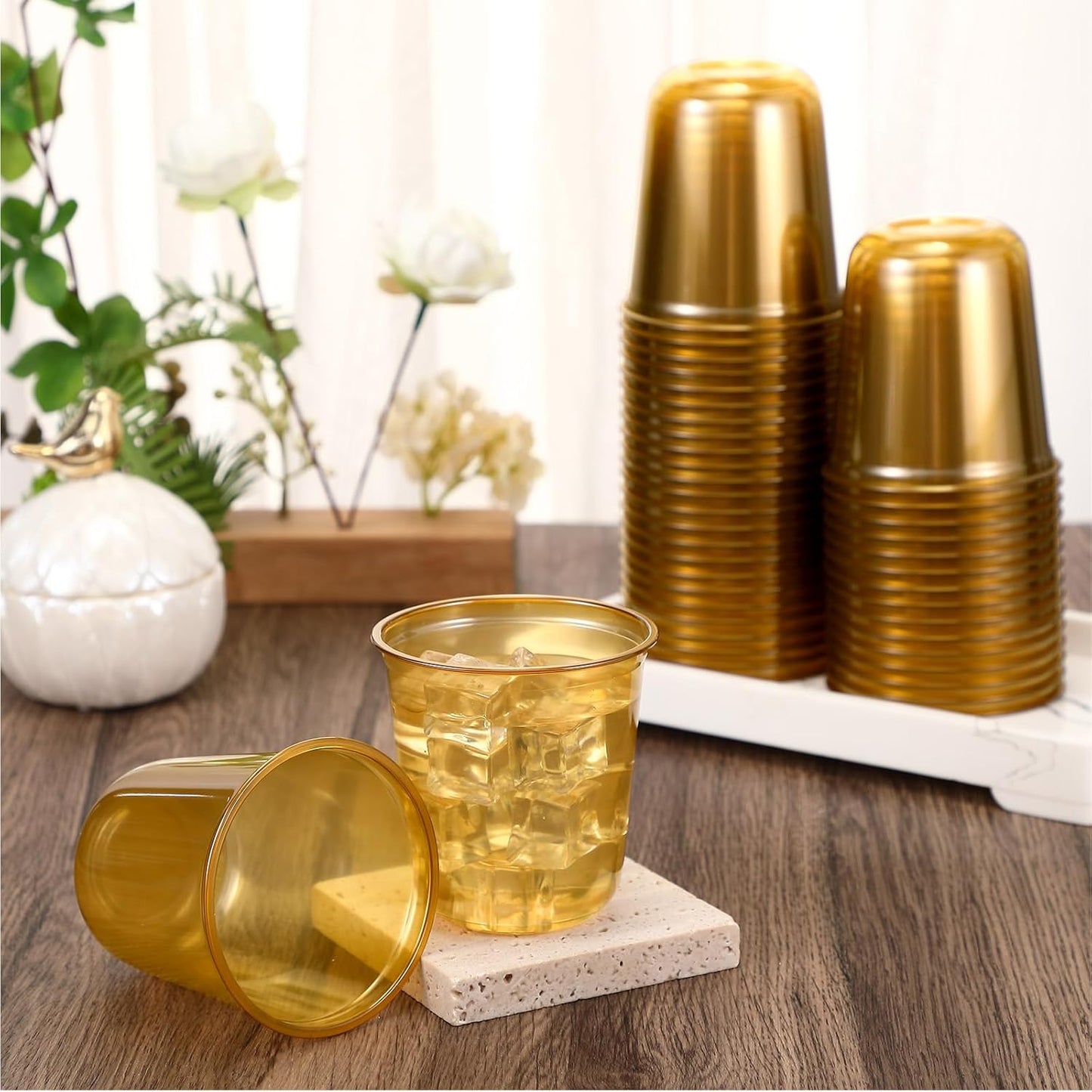 50pcs Disposable Stemless Glasses 12oz Crystal Plastic Wine Glasses Clear Classic Pet Cup for Meeting Weddings Birthdays Cocktail Christmas Party Supplies (Gold)