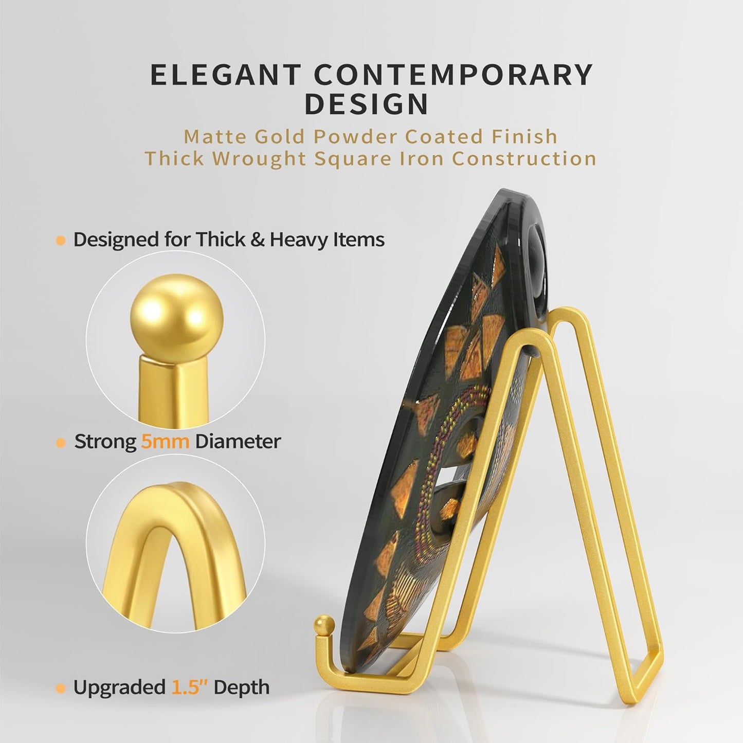 6 Inch Metal Square Wire Plate Stands for Display - Gold 2 Pack Holder Stand + Picture Frame Easel for Book, Decorative Plaque, Photo, Platter