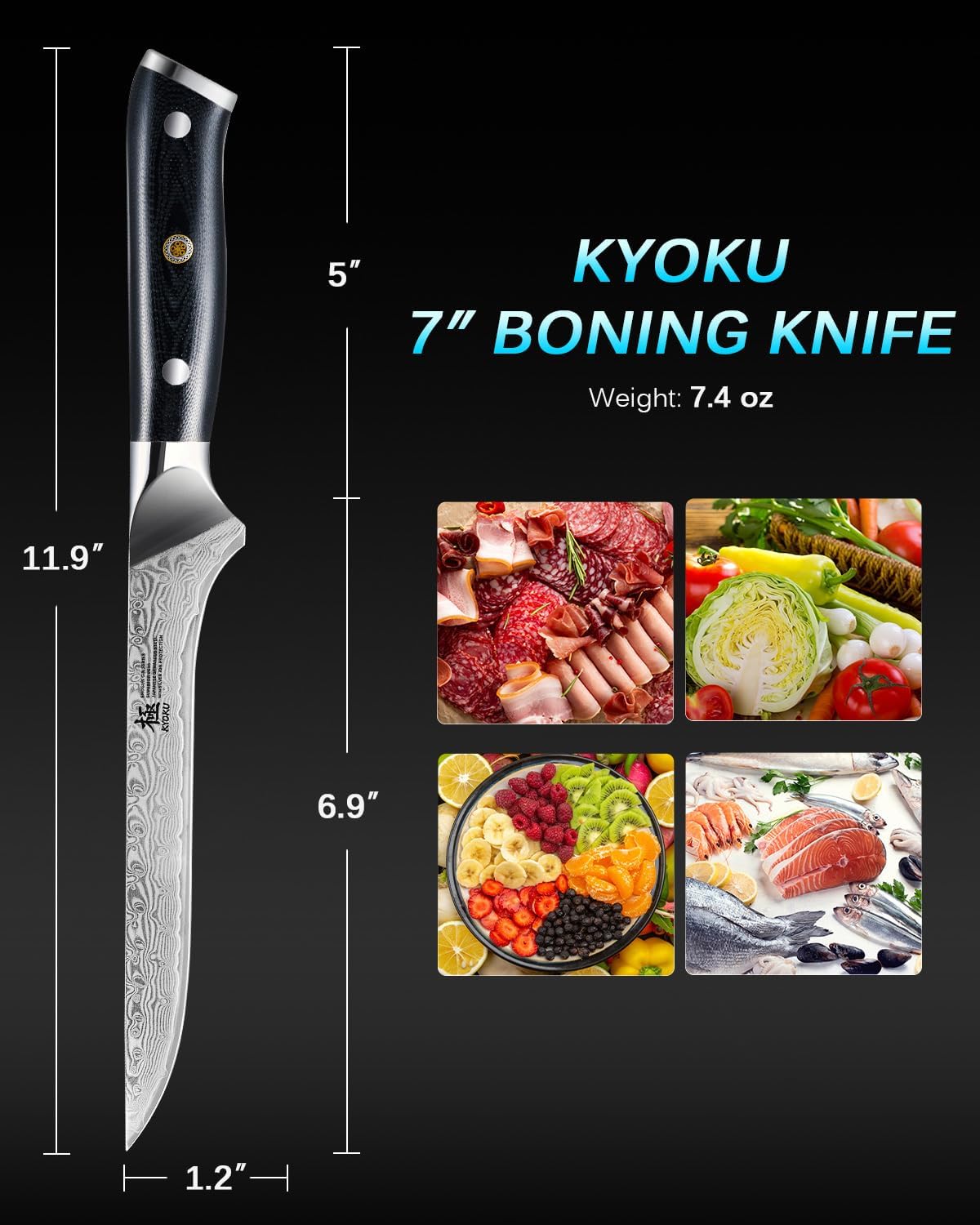 KYOKU Gin Series Boning Knife, 7" Butcher Knife, Japanese VG10 Damascus Stainless Steel Kitchen Knife with Silver Ion Blade G10 Handle Mosaic Pin, Multipurpose Fillet Knife for Meat Fish & More