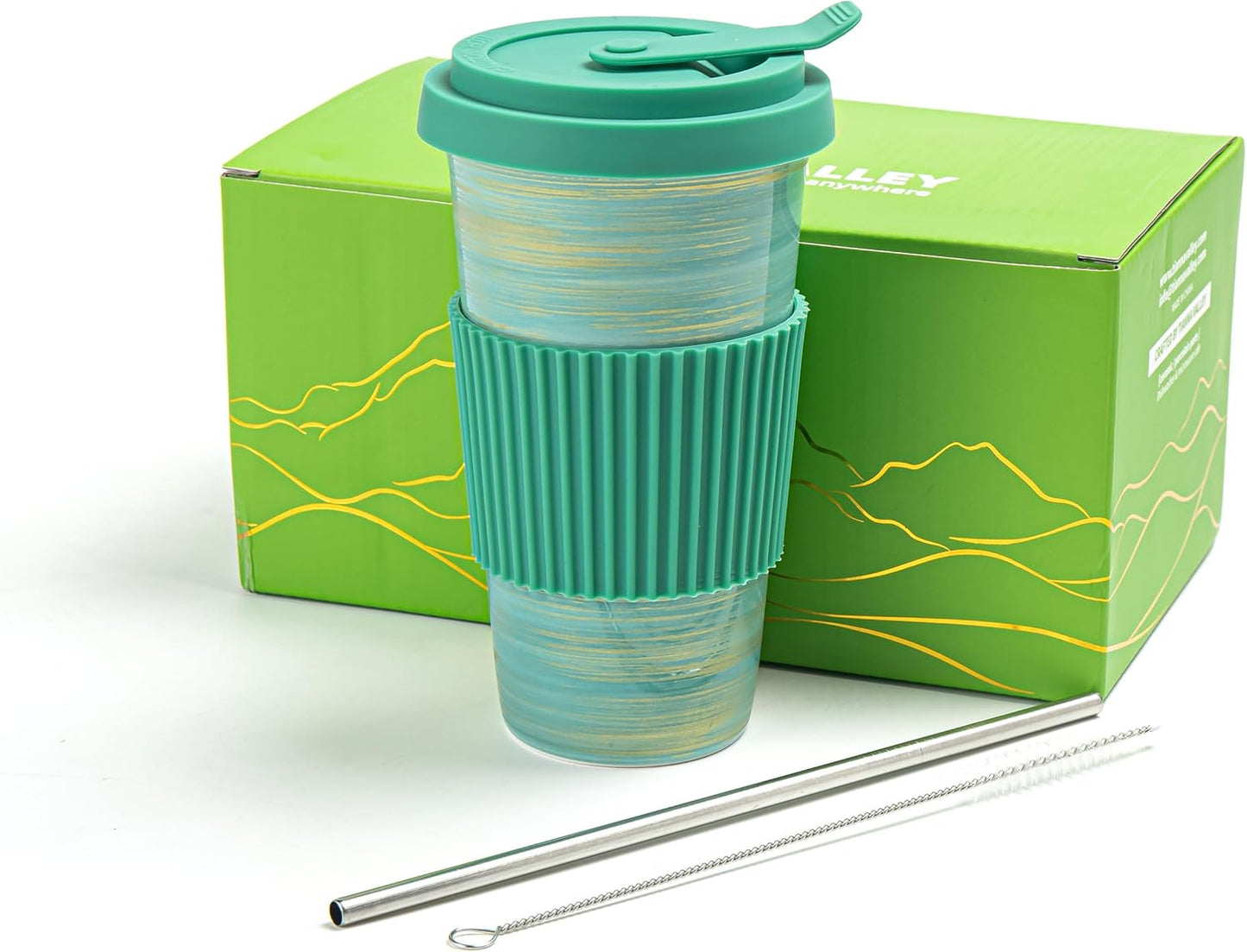 Travel Coffee Mug Light Green, Ceramic Coffee Mug With Lid And Drinking Straw(15oz/450ml), Handcrafted Novelty Travel Mugs, Microwave & Dishwasher Safe Tumbler With Lid, Unique Gifts