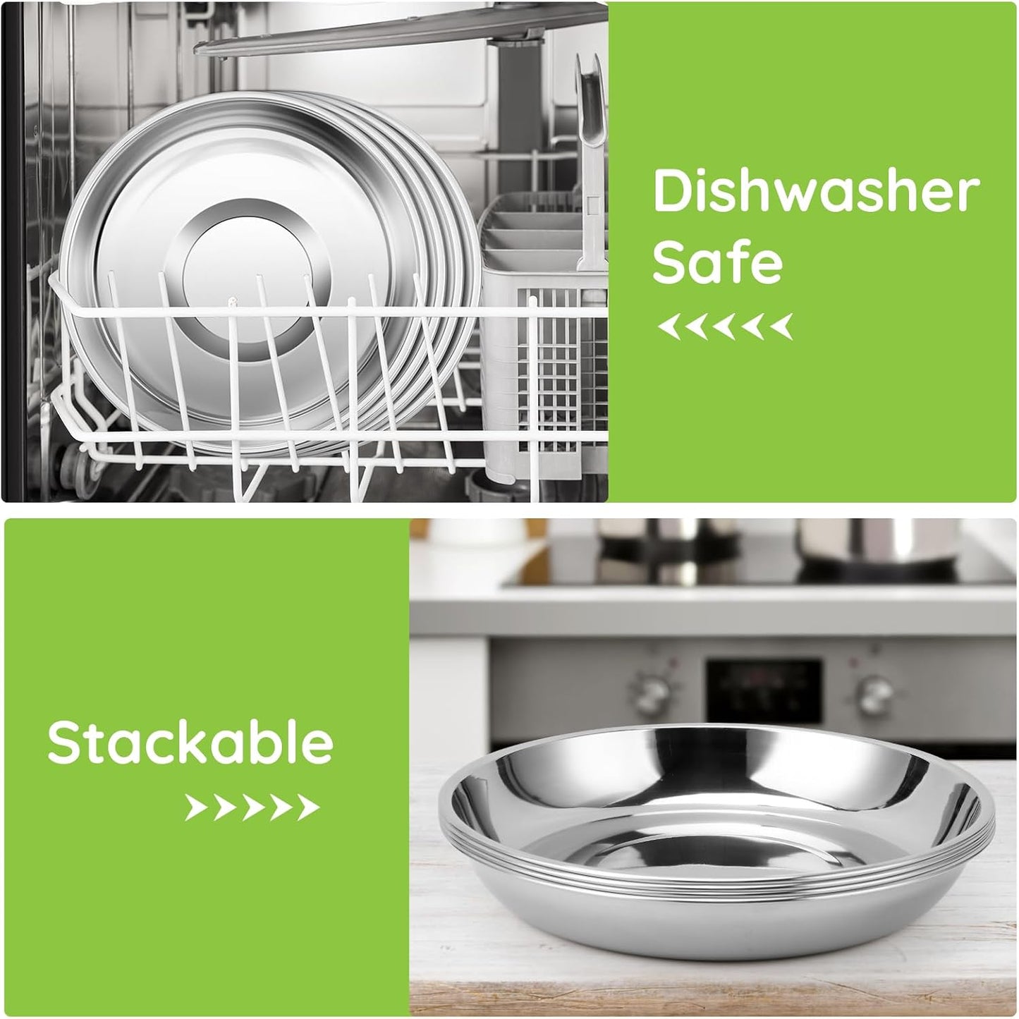 Patterned Deep Stainless Steel Plates, 4 Set 7 inch 304(18/8) Metal Food Serving Plate, Reusable Snack Eating Dishes Round Shatterproof Silver Dinnerware for BBQ Dinner Oven Dishwasher Safe