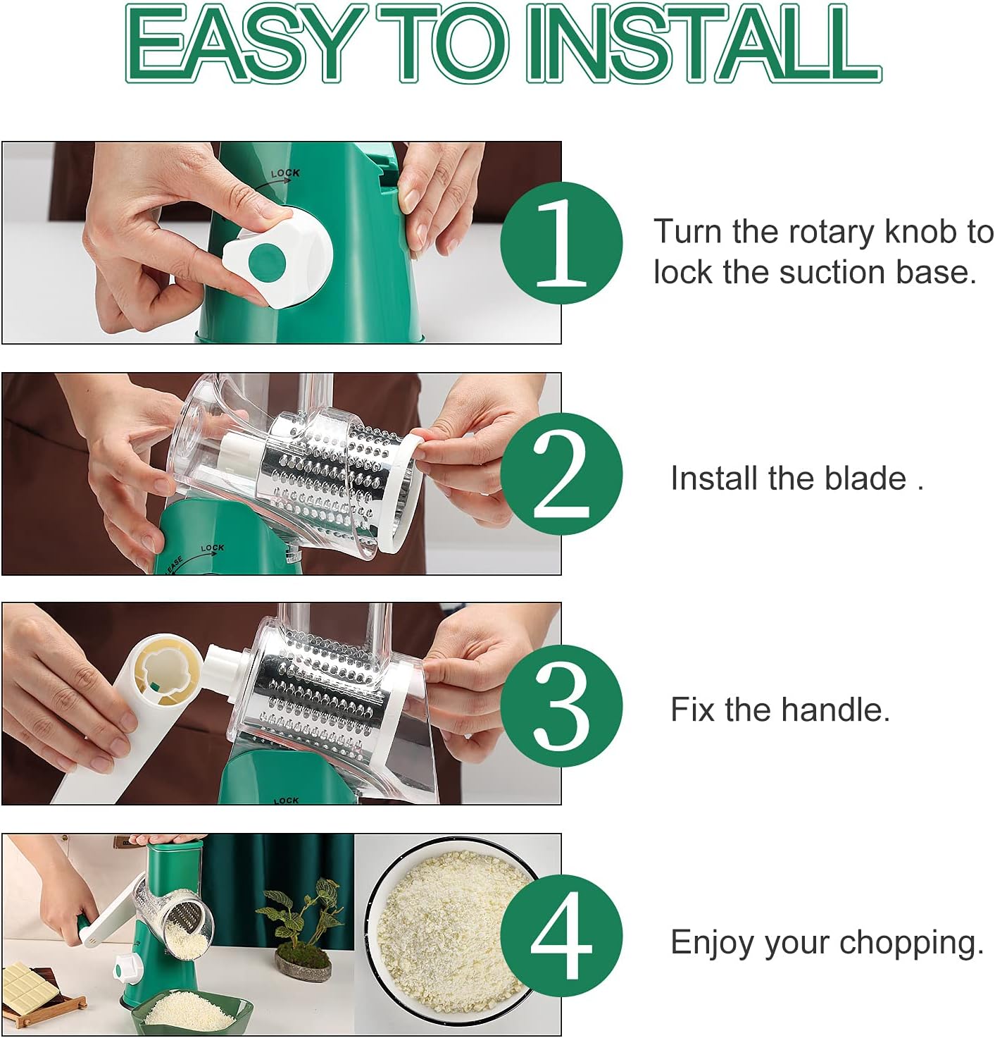 Ourokhome Rotary Cheese Grater Hand Crank, Kitchen Shredder Speed Mandolin Slicer Nut Grinder with Handle and Drum Blades for Cheese, Vegetable, Walnut, Chocolate, Potato, Carrot, 3 Blades, Emerald