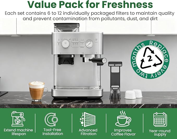 Activated Carbon Water Filter Replacement for KitchenAid Espresso Machine KES6551 Series - Premium 6-Pack Charcoal Water Filters Replacement Part