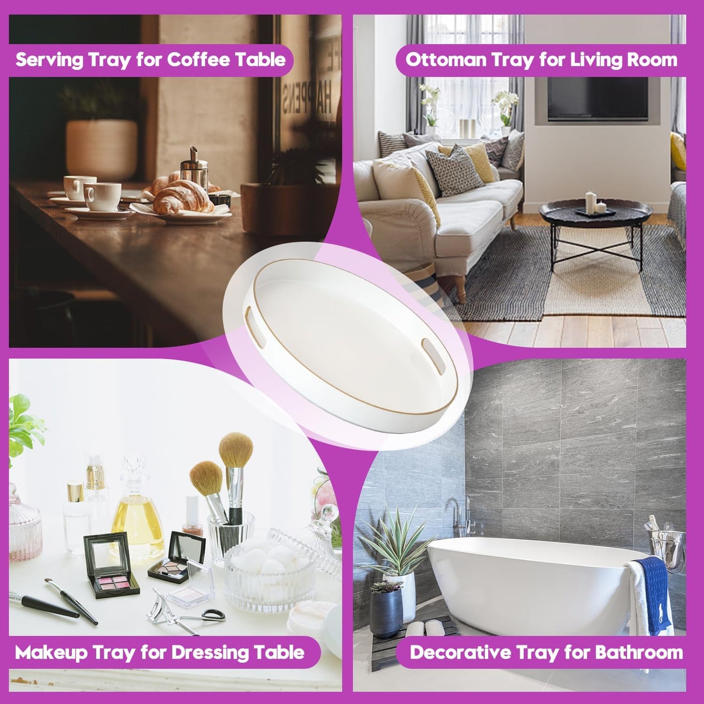 Gifturbo White Round Serving Tray,Decorative Serving Trays with Handles, Coffee Table Tray Ottoman Round Plastic Trays for Living Room, Bathroom