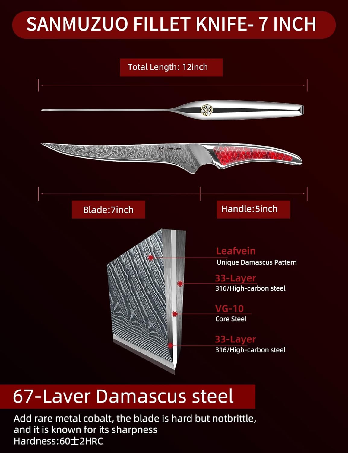 7 inch Fillet Knife, Japanese VG-10 Damascus Steel Kitchen Fish Knife, Ultra Sharp Boning Knife with Full-tang Handle in Red Resin, LA-S9 Series