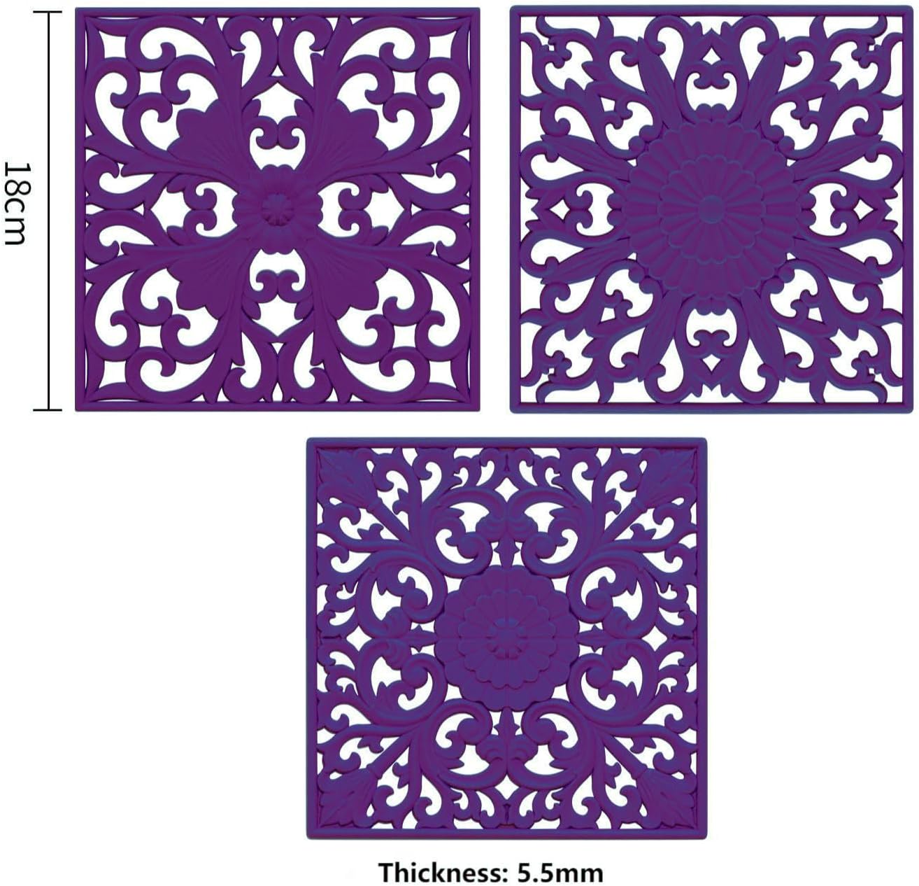 Silicone Trivets for Hot Dishes-Pots&Pans, Square Multi-Use Carved Trivet Mat, Insulated Silicone Mats, Flexible Trivet Mat for Countertop&Tabletop, Pot Holders Hot Pads Set 3 Purple