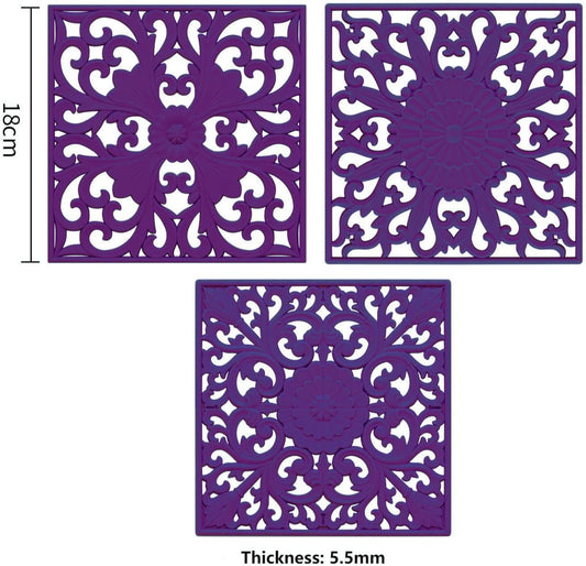 Silicone Trivets for Hot Dishes-Pots&Pans, Square Multi-Use Carved Trivet Mat, Insulated Silicone Mats, Flexible Trivet Mat for Countertop&Tabletop, Pot Holders Hot Pads Set 3 Purple