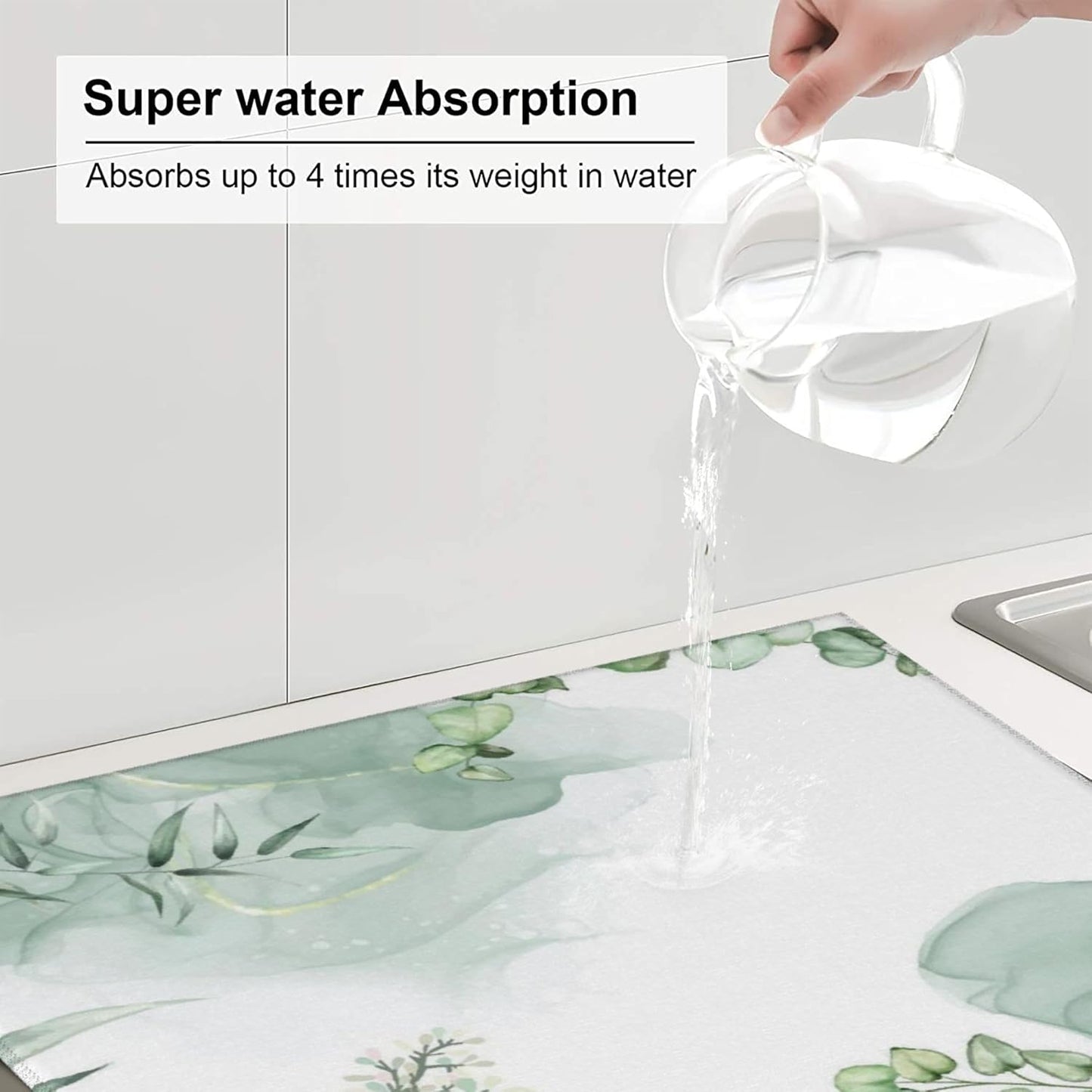 Watercolor Green Leaf Floral Dish Drying Mat for Kitchen Counter, 16"x18" Microfiber Absorbent Fast Dry Mat, 2Pcs Dish Mat Faucet Mats Sets, Large Drying Kitchen Mat Kitchen Drying Pad