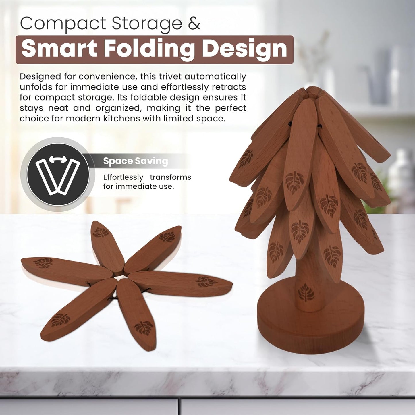 Expandable Wooden Trivets & Coaster Set for Hot Dishes Tree-Shaped Trivet Set – 4 Expanding Trivets + 1 Stand – Heat-Resistant Kitchen Decor for Pots, Bowls, Coffee & Teapots