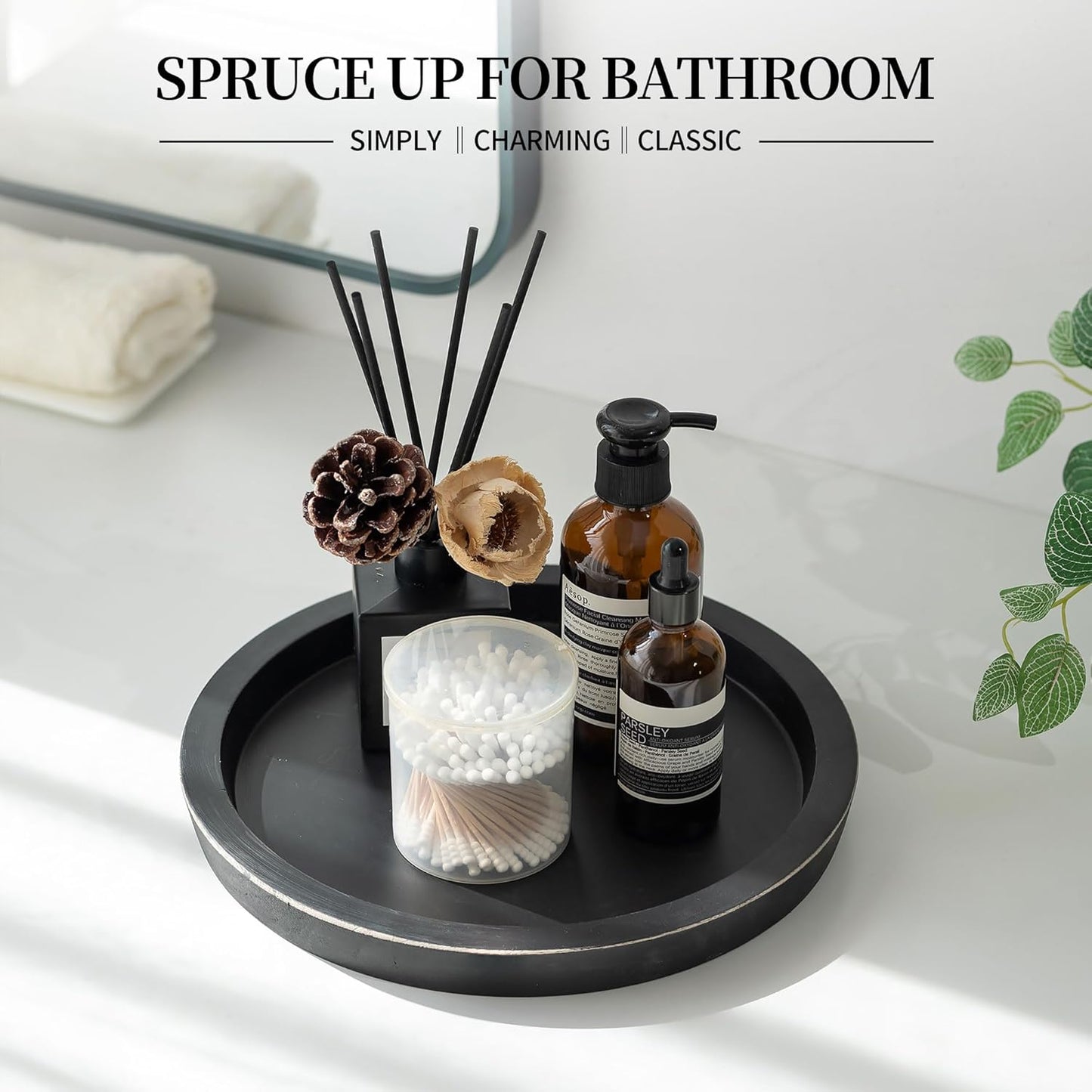 Hanobe Black Round Decorative Coffee Tray Wooden Trays for Coffee Table Centerpieces Dining Room Circle Wood Ottoman Serving Tray for Bathroom Kitchen Counter Candle Holder