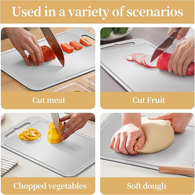 Titanium Cutting Board-Pure Titanium Cutting Boards For Kitchen，Double-Sided Metal Cutting Board with Juice Groove, Separates Meat and Vegetables, Dishwasher Safe (Pure White 11×8 Inch)