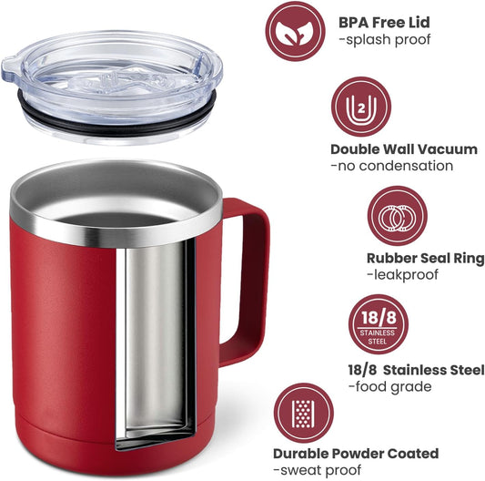 MEWAY 12oz Coffee Mug With Handle and Sliding Lid,Stainless Steel Travel Tumbler Cup with Handle,Double Wall Vacuum Insulated Camping Cup for Hot & Cold Drinks Tea (Red,Set of 1)