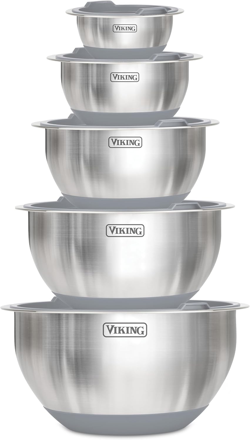 Viking Mixing Bowls Set, 10 Piece Stainless Steel Kitchen Cookware, Non-Slip Silicone Base, Includes Tight Fit Lids, Dishwasher Safe, Grey