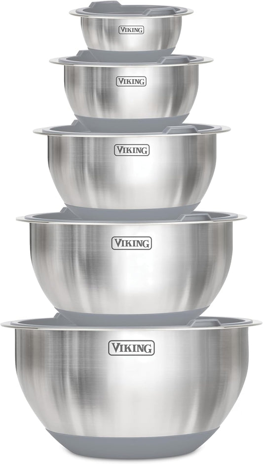 Viking Mixing Bowls Set, 10 Piece Stainless Steel Kitchen Cookware, Non-Slip Silicone Base, Includes Tight Fit Lids, Dishwasher Safe, Grey
