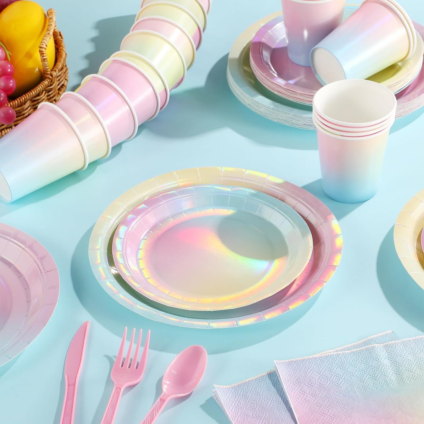 Iridescent Pastel Rainbow Party Decorations Serve 100, Holographic Pastel Paper Plates and Napkins, Disposable Iridescent Rainbow Party Plates Cups Napkins for Girls Birthday Wedding Baby Shower Party